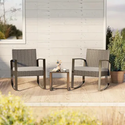 Image de Ensemble de salon d'extérieur en résine tressée (PE), composé de 3 pièces : idéal pour jardin, balcon, avec canapé en osier et fauteuils relax