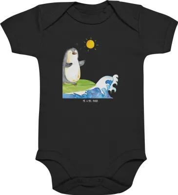 Produktbild von Mr. & Mrs. Panda Strampler Baby Pinguin Surfer 6. - 12. Monat - Schwarz - Geschenk, babykleidung body, Urlaub, Einteiler, Optimistisch, babyanzug, Babybody, Motiviert