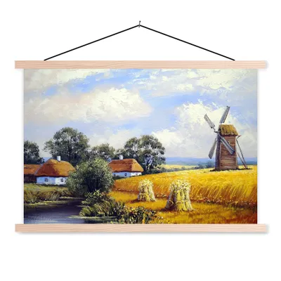 Produktbild von MuchoWow® Textilposter Gemälde - Bauernhof - Mühle - Ölfarbe 60x40 cm mit holzfarbenen Rahmen - Bilder