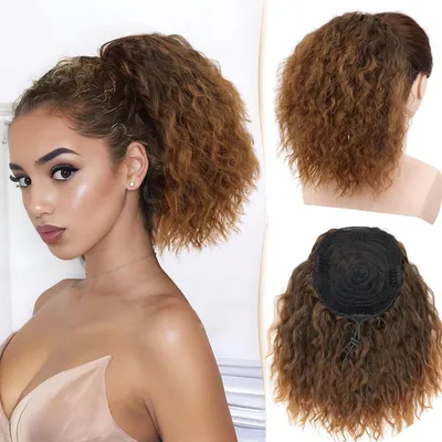 Produktbild von Wellige lockige Pferdeschwanz Haarteil mit Kordelzug Ombre Auburn Braun Synthetisches Haar Extension T1B/30#