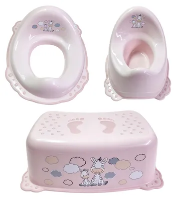 Imagen del producto de Conjunto de orinal para bebés de COSTWAY, apto para bebés a partir de 18 meses, que incluye un orinal, un taburete y un asiento de entrenamiento para el baño. El asiento de entrenamiento para el baño tiene respaldo y bordes