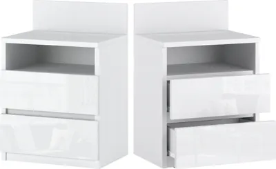 Produktbild von Nachttisch 2er SET 40x59x32 (B/H/T) Nachttischschrank für Schlafzimmer Nachtkommode mit Schubladen Beistellschrank Schlafzimmer Weiß Matt - Weiß Glanz