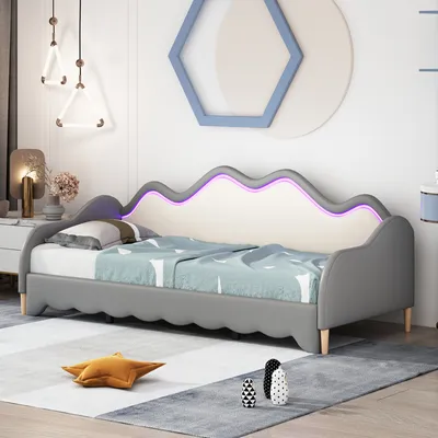 Produktbild von MODFU Schlafsofas Tagesbett 90x190/180x190cm mit LED-Beleuchtung, Polsterbett Daybett mit Lattenrost und Armlehnen, Polsterbett Kinderbett Sofabett Kunstleder, Grau(Ohne Matratze)