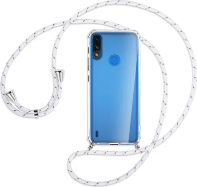 Produktbild von Handykette Backcover-Schutzhülle mit Band (Metall silberfarben) für Motorola Moto E7 Power, E7i Power - weiß/grau