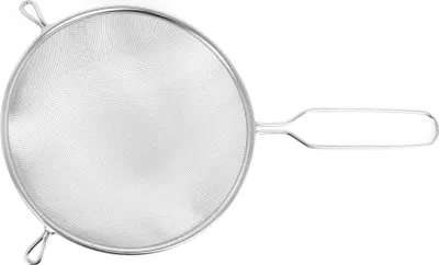 A stainless steel sieve on a white background.