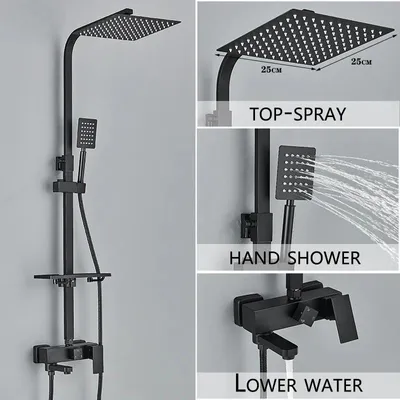 Produktbild von Duschset Badewanne - 3-Wege Wannenarmatur - Regendusche 25 cm - Handbrause und Auslauf - Wandmontage - Schwarz/Chrom