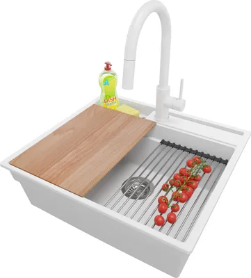 Produktbild von PRIMAGRAN Granitspüle Weiß 58x53cm, Spülbecken 1 Becken + Küchenarmatur 40x20cm + Ablauf-Set + Küchenzubehörset, Küchenspüle ab 60er Unterschrank - Oslo Pocket