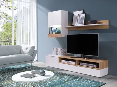 Produktbild von Moderne Wohnwand ROCO Weiß / Eiche Gold Anbauwand Schrankwand TV-Lowboard