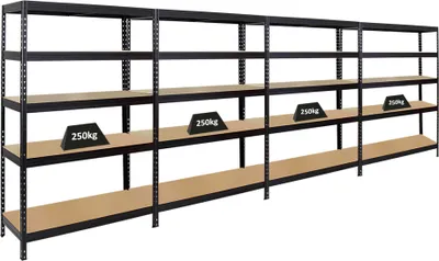 Produktbild von Mega Deal | 4x Schwerlastregal Rivet | HxBxT 180x120x45 cm | Fachlast 250kg | Schwarz