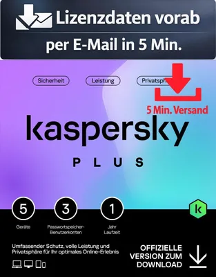 Produktbild von Kaspersky Plus (5 Device - 1 Jahr) EU ESD Antivirus Sicherheit 5 Min. Versand als Download per Mail