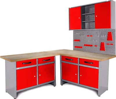 Produktbild von ONDIS24 Werkstatt Set Ecklösung Iconic One rot Buchenplatte