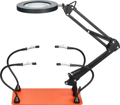 Obrázok produktu pre SucceBuy Tretia ručná spájkovacia pomôcka s magnetickou základňou, spájkovacia stanica so 4 flexibilnými ramenami, LED lupa s 3-násobným zväčšením a protišmykovým stojanom, ideálna na opravy, remeslá, hobby a domáce projekty