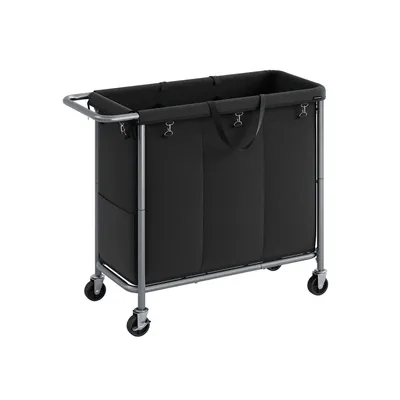 Productafbeelding van Famanu wasmand met 3 compartimenten, 200 liter - Met wielen - Organizer - Gemaakt van Oxford-stof - 91 cm x 39 cm x 81 cm