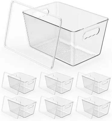Produktbild von PolkaHome® 6er Set Stapelbare Aufbewahrungsboxen mit Deckel - Transparente Kunststoffboxen mit Griffen für Vorratskammer, Küche,