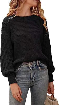 Produktbild von ASKSA Damen Pullover Laternenaermeln Strickpullover Rundhals Langarm Pulli Einfarbig Sweater Tops, Schwarz, M
