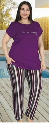 Produktbild von Damen Große Größen Pyjama Lila 2XL Kurz Baumwolle Schlafanzug 2-Teiler Set L-44