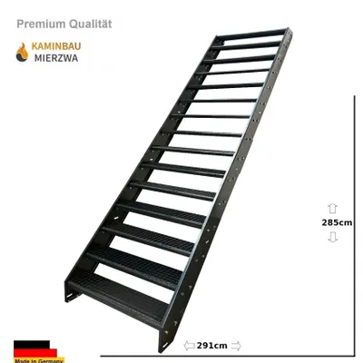 A black metal staircase is shown against a white background, with dimensions and branding information.