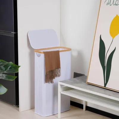 Produktbild von Wäschekorb 63 Liter - Zusammenklappbarer Wäschekorb mit Deckel - Weiß mit Bambusgriffen