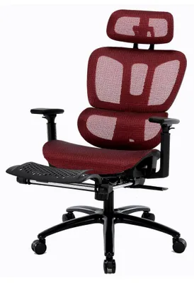 Produktbild von Bürostuhl mit moderner Mesh-Optik und Fußstütze, ergonomischer Drehstuhl mit Nacken- und Lendenwirbelstütze, Farbe: Schwarz/Rot