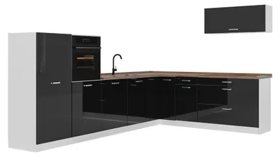 Immagine prodotto di Cucina angolare completa Vicco R-Line Nero lucido/Bianco 327 x cm piano di lavoro Rovere dorato, Model 66814