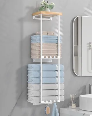 Zdjęcie produktu dla Ręcznikarka bez wiercenia, uchwyt na ręczniki montowany na ścianie z półką, stojak na ręczniki z 6 haczykami, biały, do łazienki, uchwyt na ręczniki gościnne