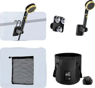 Obrázek produktu pro Kempingová sprcha, dobíjecí pumpa, skládací kbelík, černá