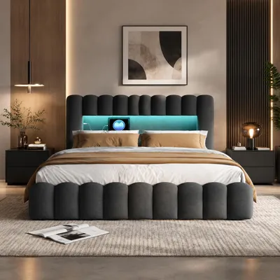 Produktbild von INONEFT Polsterbett Bubble Bett 180x200 cm mit Lattenrost/Hydraulisch Stauraum, Boxspringbett Doppelbett mit LED und USB, Stauraumbett Leinen, Grau