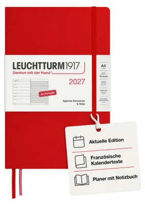 Image de Calendrier hebdomadaire 2027 LEUCHTTURM1917, format moyen (A5), avec bloc-notes ligné – Planificateur de rendez-vous