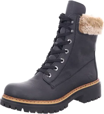A black leather boot with fur trim is shown against a white background.