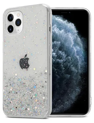 A clear product shot of a phone case with glitter, placed next to a phone.