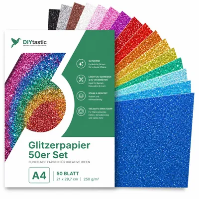 Produktbild von 50x Glitzerpapier in A4: Buntes Glitter Papier mit 250 g/m² - Ideal für Bastelarbeiten und kreatives Gestalten - Fotokarton und Druckerpapier