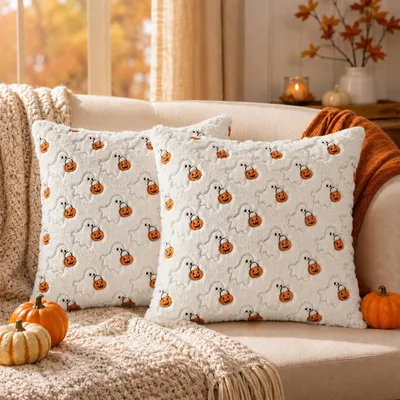2 Kissenbezüge 45x45 cm, weiß, Halloween-Motiv, Plüsch