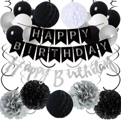 Produktbild von Geburtstagsdeko Set Girlande Ballons Schwarz Silber Papier Pompons 29 Teile