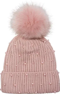 Produktbild von styleBREAKER Damen Strick Bommelmütze mit Perlen und Fleece Futter, warme Winter Fellbommel Mütze, Fake Fur 04024155