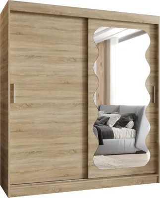 Produktbild von MEBLE KRYSPOL SPOTI 180 Kleiderschrank mit zwei Schiebetüren für Schlafzimmer – moderner Aufbewahrungsschrank mit Kleiderstange und Regalen – 180x200x62cm - Sonoma
