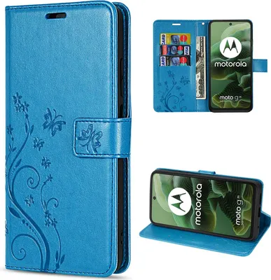 A collage of images showing a blue flip-style phone case with floral and butterfly embossing, and a Motorola phone inside.