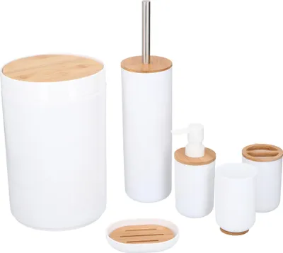 Produktbild von alpina Badezimmer Set 6 Teilig - Bambus Badaccessoires - Toilettenzubehörset mit Spender, Mülleimer, Zahnbürstenhalter, Zahnputzbecher, Toilettenbürste und Seifenschale - Weiß
