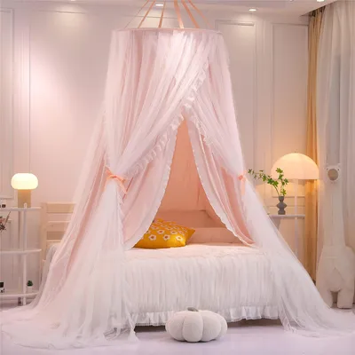 Imagen del producto de Dosel redondo para cama, de doble capa, color rosa/blanco, mosquitera, 150x200 cm, para niñas