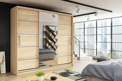 Zdjęcie produktu dla Szafa 3-drzwiowa przesuwna RIO 245x197cm kolor dąb sonoma – lustro na froncie, w zestawie dużo półek, drążki, solidne wykonanie, łatwy montaż