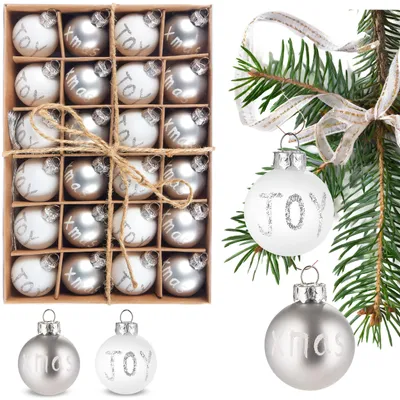 Obrázok produktu pre BRUBAKER sada 24 vianočných ozdôb Joy & Xmas - 3 cm mini vianočné ozdoby - ručne maľované ozdoby na stromček - nerozbitné ozdoby na stromček, strieborné a biele