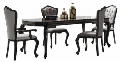 Image de Ensemble de salle à manger noir et blanc : table et chaise de style classique avec pieds en bois