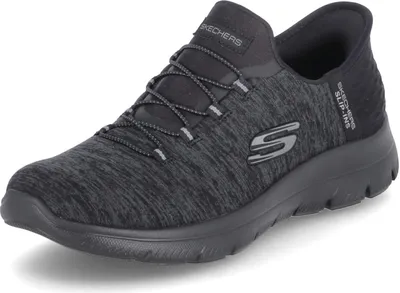 A single black Skechers slip-in sneaker is shown against a white background.