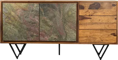 Sideboard Sheesham Massivholz mit zweiteiliger Glastür in Steinoptik und drei Holzschubladen, Gesamtansicht.