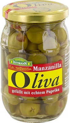Zdjęcie produktu dla Delikatesy Dittmann Oliwki Manzanilla zielone nadziewane papryką 300g
