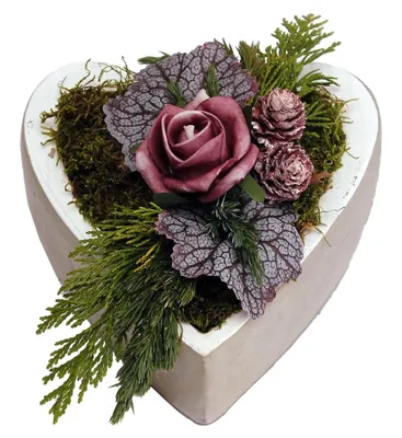 Produktbild von Grabschale Grabschmuck Herz weiß mit Rose beere Moos Ø 15cm H 12cm Keramik