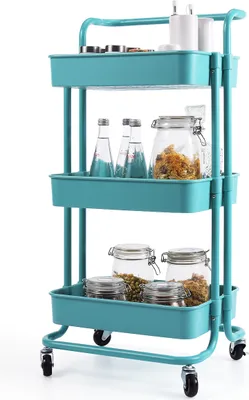 Immagine prodotto di COSTWAY Carrello portavivande su rotelle, carrello da cucina con struttura in metallo, carrello con 3 ripiani, carrello multiuso, carrello da bagno, blu