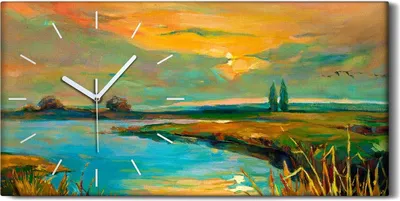 Produktbild von Wanduhr Leinwand Bild Uhr Geräuschlos Kunstdruck 60x30 Sonnenuntergang See - weiße Hände