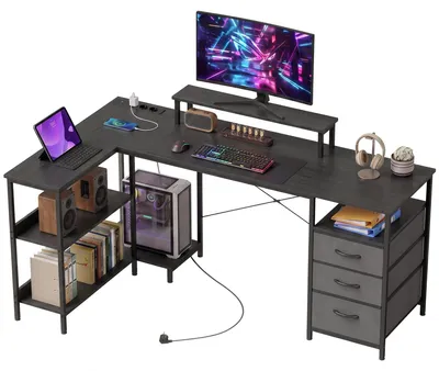 Produktbild von HOMCOM Schreibtisch L Form mit Steckdosen, Umkehrbar Computertisch mit Regal