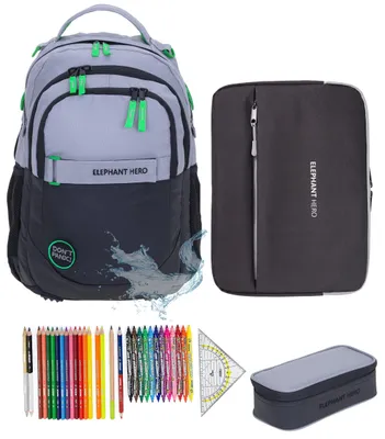 Produktbild von Schulrucksack Jungen Elephant Hero Signature 4 Teile Set Rucksack Schultasche + Mäppchen Box + Laptophülle + 31 tlg. Stifte 13047 CB Grau Grün +rmlv