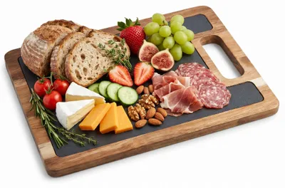 Produktbild von hausleben Servierbrett aus Akazienholz mit Schieferplatte 30x20 cm – Edles Holzbrett mit integriertem Griff zum Servieren & Anrichten – Messerfreundliche Käseplatte & Rustikales Frühstücksbrett